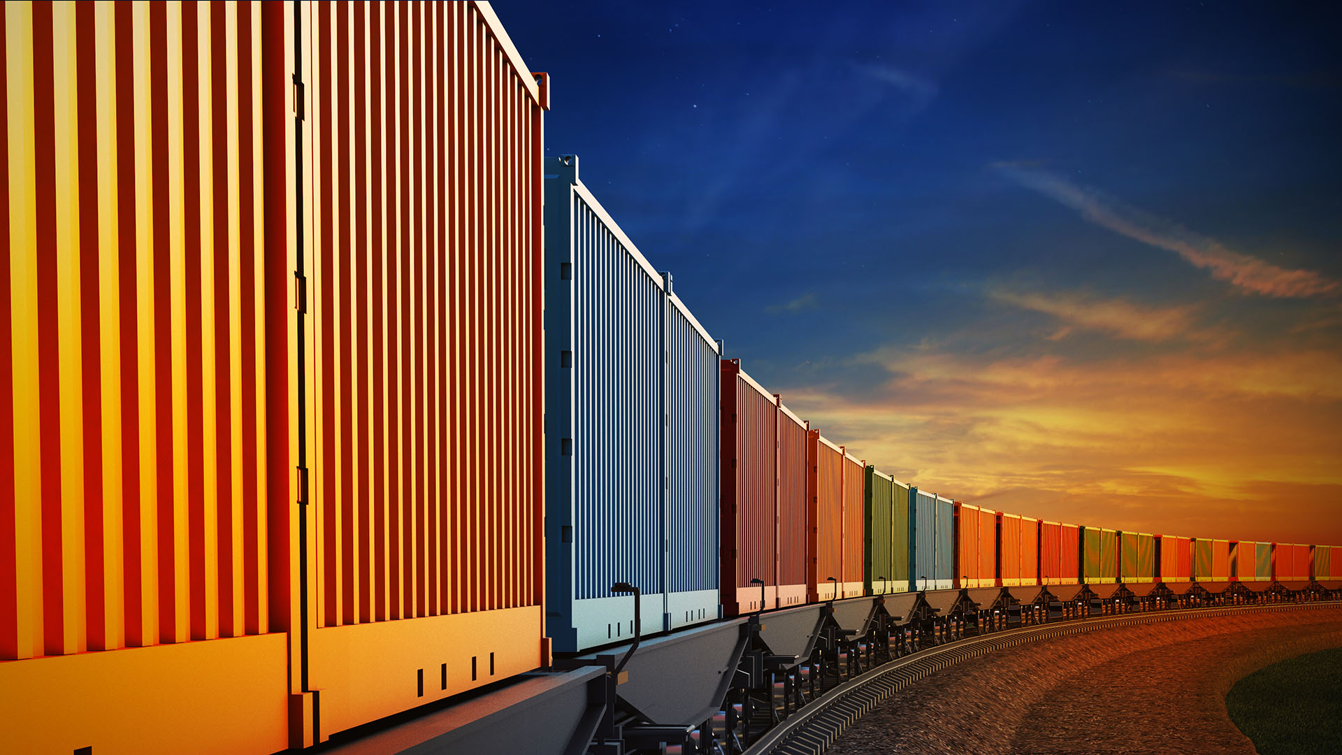 3d illustration of wagon of freight train with containers on the sky background